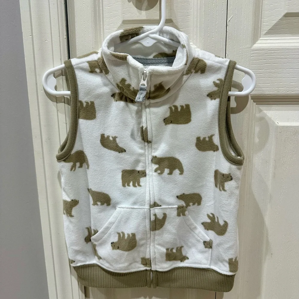 Carter's Bear Fleece Vest unisex 24m, Brand New, White And Cream, Zips, Pockets